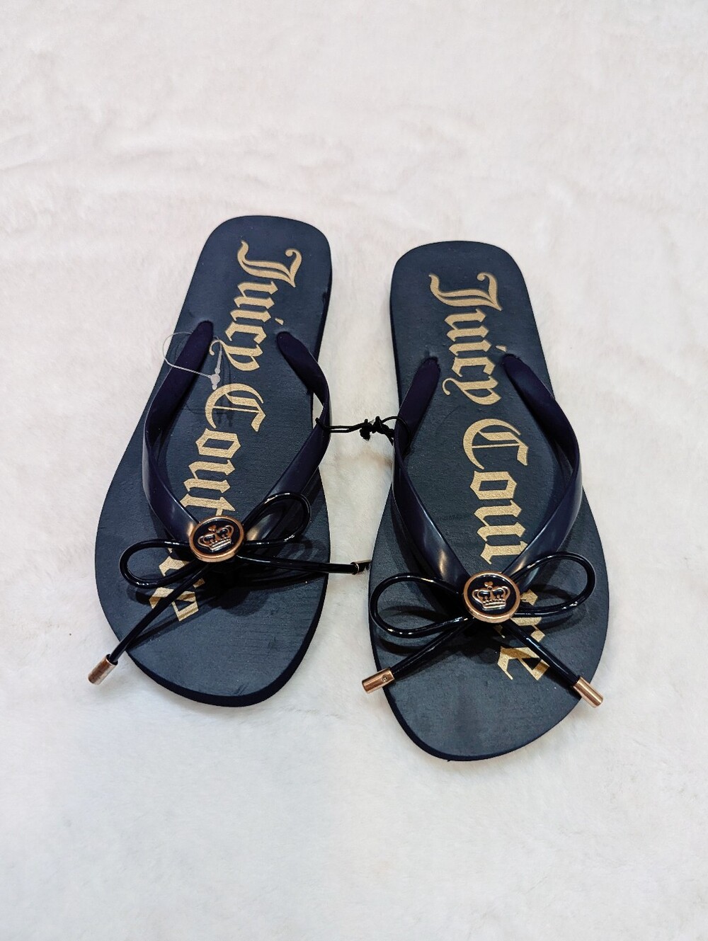 Juicy Couture Navy Blue & Gold Bow Flip Flops